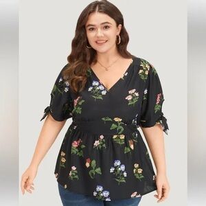 BloomChic Black Peplum Floral Tie Sleeve Blouse